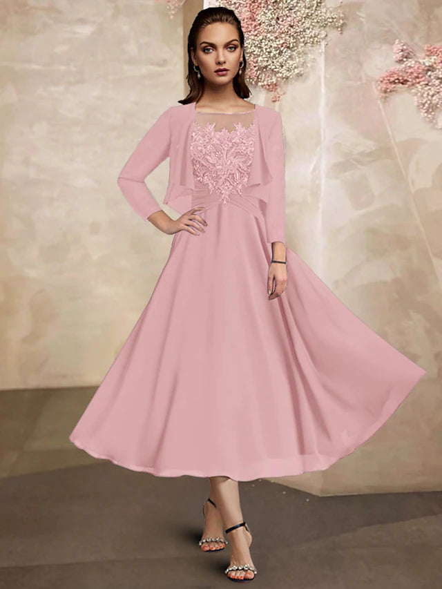 Zweiteiliges A-Linien-Kleid für die Mutter der Braut, Übergröße, eleganter Rundhalsausschnitt, knielang, Chiffon-Spitze, Wickelkleid mit halben Ärmeln und gerüschten Paillettenrüschen
